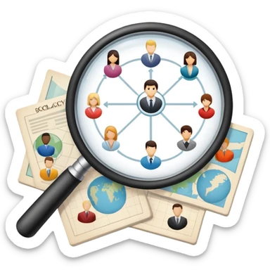 An icon featuring a group of diverse people, a social network diagram, and a magnifying glass, symbolizing sociology. The design includes charts and interconnected lines, representing the study of societies, relationships, and social behavior. Transparent background highlights social analysis. sticker