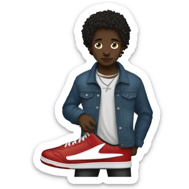  boy holding the red electric guitar. have green eyes and short curly hair.   nike jordan Travis Scott shoes.  blue jeans The boy is not white however not so dark.  sticker