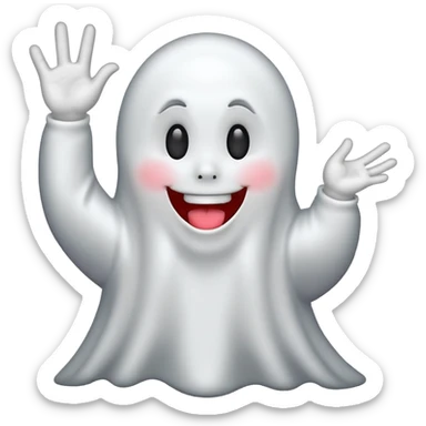 ghost emoji with tongue out with one hand up and one down and 6 above the left hand and 7 above the right hand sticker