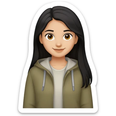 Can you create an emoji of a girl smiling but not showing the teeth. olive brown complexion color, dark long hair color black, brown eyes and with a casual outfit sticker