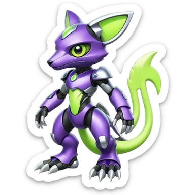 Futuristic modern cyborg badass cool shiny metallic alloy black-obsidian purple neon-green white lime animal hybrid Fakemon full body sticker