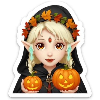 female elf vampire emoji, pale skin, red eyes, elegant face, autumn leaf and pumpkin wreath on head, black hooded cloak with cobweb details, holding small glowing pumpkin lantern, Halloween fantasy theme, Apple emoji style, clean white background, square sticker
