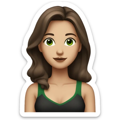 Attractive woman with belly-long chestnut-brown hair and dark green eyes wearing a black top sticker