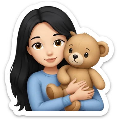 A woman with long black hair hugged a small sticker