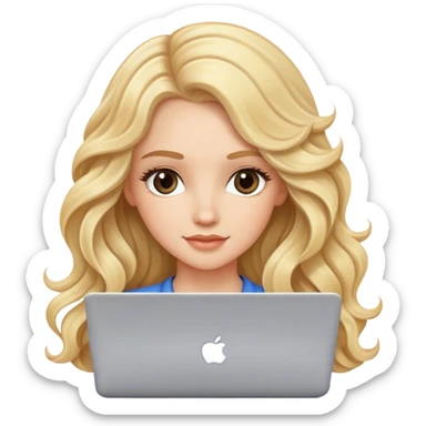 beautiful white girl, with long blonde hair, wavy hair, with laptop sticker