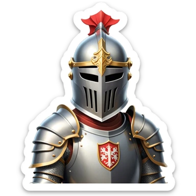 Clash of Clans aesthetic: Cinematic heroic Armored Knight Hero close up Emoji, rendered in a 3D vector-style similar to standard emojis with minimal shading and bold, simplified shapes. A compact, isometric warrior clad in gleaming plate armor with intricate heraldic details, softly glowing with a chivalrous medieval charm. Simplified yet unmistakably iconic, highly detailed and consistent, glowing with a soft radiant shine and high polish. Stylized with a touch of noble valor and a soft glowing outline, wearing a full face helm so that no face is visible with only eyes visible, capturing the essence of a gallant knight ready for honorable battle with a friendly, playful manner! sticker