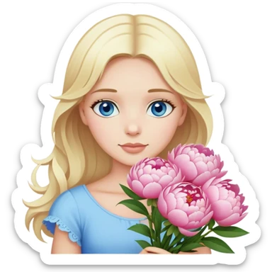 Girl with blond hair blue eyes beautiful finish and holding a bouquet of peonies sticker