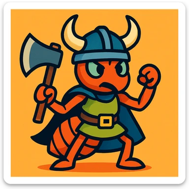 viking warrior ant, horned helmet, axe, bold lines, vibrant colors sticker