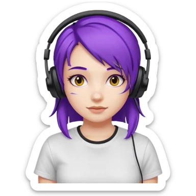 Gamer Girl with black Headset + Purple Hair, white T-shirt sticker