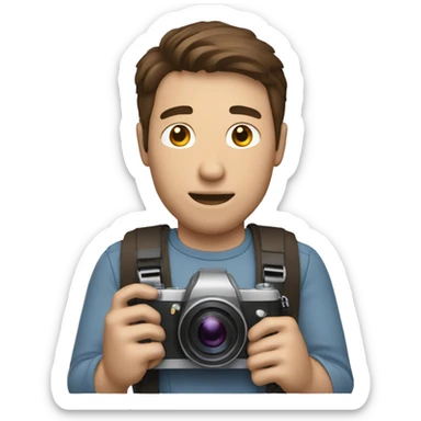 a man with brown hair holding a digital camera sticker