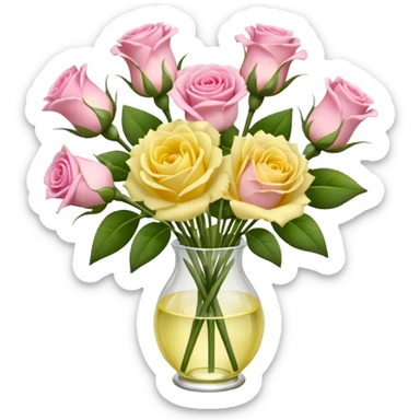 A mixed bouquet of four flowers, featuring pink roses and yellow lisianthus. sticker