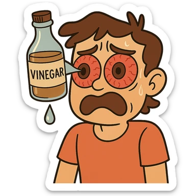 A cartoon style illustration of a vinegar bottle with a drip of liquid falling directly into a person's big, reddened, expressive eyes. The image is clear and expressive with no background. The style is cartoonish and vivid, focusing on the vinegar bottle and the eyes with a visible drip of liquid. sticker