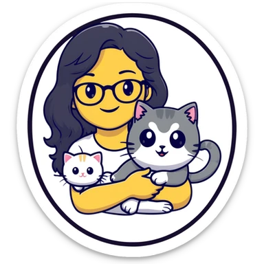 Young woman with warm yellow skin tone, oval face, long black wavy hair, thin-framed glasses, smiling while holding a grayish-white Munchkin cat with short legs and gray marking under its mouth sticker