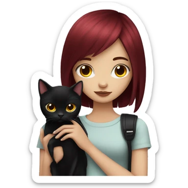 Girl with burgundy hair and emo fringe holding a black cat sticker