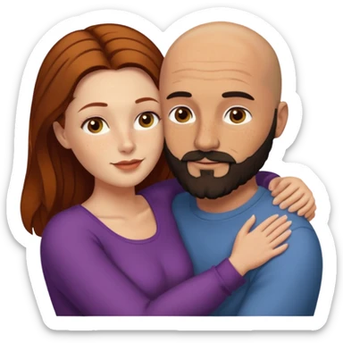 Couple. Bald man with dark brown-black beard. White woman with many small, faded freckles, she has white skin and she has auburn-yellow-brown-cinnamon, dark long hair. She has light brown eyes. The man have hazel eyes. Retro style. They hug. sticker