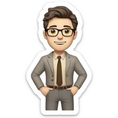 Joyful Full height Pale skinned Fit Man With dark brown hair in gray classic jacket, beige office shirt, Brown pants and vintage glasses. Thrumbs of his palms are up sticker