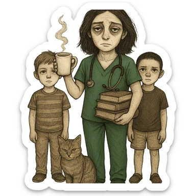 Edit the image to add two boys. The woman should be wearing Kelly green scrubs, with longer and darker hair. She should be holding a coffee cup, with a stethoscope around her neck, and a stack of books nearby. Include a cat at her feet. She has pale skin, gray eyes, and a tired expression. Remove the background entirely. sticker