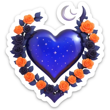 gothic heart made of midnight blue glass with a silver crescent moon, tiny black roses, shimmering stardust, pearlescent finish sticker