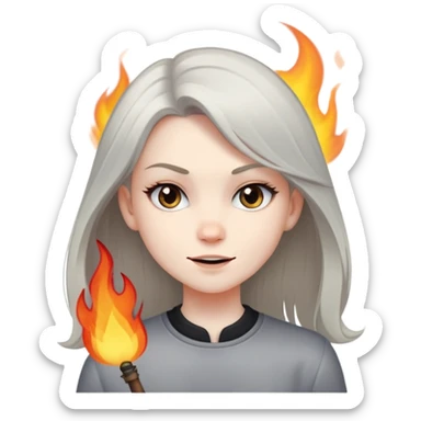 girl with a mischievous smirk standing in the foreground, while small flames or smoke rise in the background. The character has straight hair and a confident expression. sticker