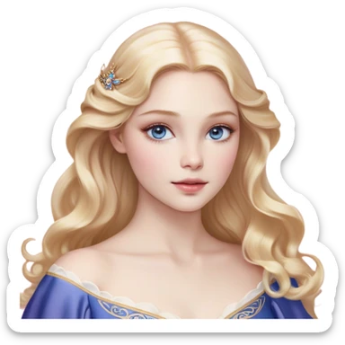 Cinematic Realistic Sleeping Beauty (Aurora) Portrait, with porcelain-like skin featuring a natural rosy flush, illuminated by soft lighting that highlights the gentle contours of her face. Her golden blonde hair flows in soft, detailed waves with subtle highlights that shimmer in the light. Her deep violet-blue eyes radiate warmth and innocence, framed by arched brows and long lashes. With a soft, serene smile, she holds a delicate rose gently in one hand, her other hand resting lightly by her side. She is dressed in her classic pink gown, the fabric rich in texture with delicate folds that catch the light. A golden crown rests atop her head, gleaming with royal refinement. The portrait captures a soft, glowing aura, blending realism with an ethereal sense of beauty and timeless enchantment. sticker