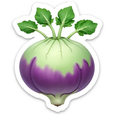 whole kohlrabi bulb, smooth pale green to light purple skin, round and slightly flattened, a few short leafy stems emerging from the top, firm surface with faint natural lines and gentle bumps, soft lighting, subtle shadows, emoji scale sticker
