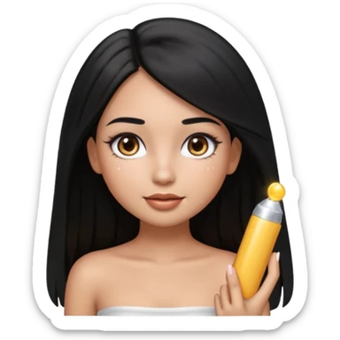 pretty cartoon girl, semi-realistic 3D emoji style, long middle parted straight black hair, tan skin, brown eyes, long eyelashes, soft glam makeup, glossy lips, smooth skin, cute aesthetic, sparkles in hair, white tube top sticker