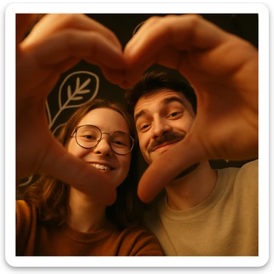 Two friends taking a selfie from a low angle, faces surrounded by their hands forming a heart shape. One has round glasses, the other a small beard and a playful smile. Soft light, warm ambiance, white graphic decor on a dark background behind. sticker