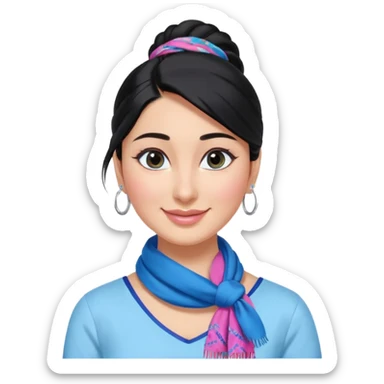 generate a pretty bratz emoji 
Make her wear a white shirt with a colorful blue-pink scarf wrapped around her neck. smiling big. Black hair tied into a side part ponytail, silver hoops and no necklace

She should look exactly  like Kareena Kapoor. kajal under eyes sticker