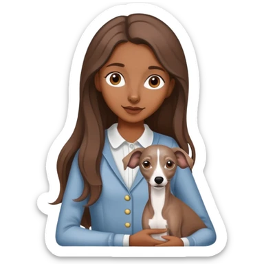 A girl with long brown hair holding a gray Italian Greyhound sticker