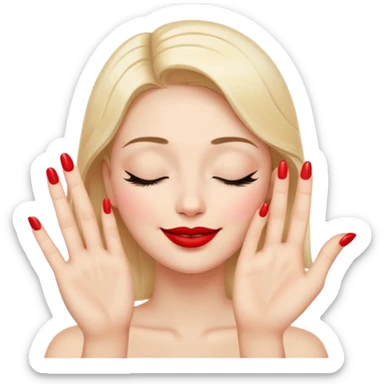 A smiling face with closed eyes forming upward curved lines, visible eyelashes, pursed lips with red lipstick, and a hand showing only the thumb out with all other fingers closed against the palm, painted nails sticker