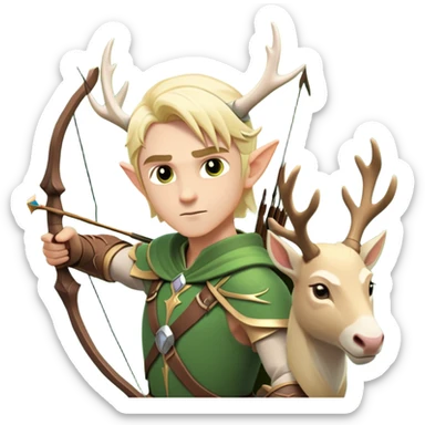 clash-of-clans-aesthetic-blond-male elf-archer-portrait-emoji, rendered in a flat, vector-style with minimal shading and bold holding his bow, simplified shapes, head tilted slightly forward with a determined, focused expression, riding a majestic white stag whose antlers glow with mystical energy, set against an ancient, enchanted forest backdrop. sticker