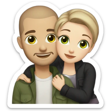 white skin Boyfriend with a light brown buzzcut and green eyes and medium length dark brown hair girlfriend with black eyes hugging sticker