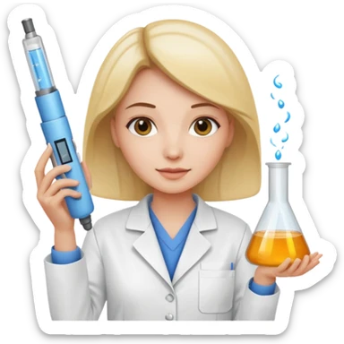 a woman wearing a lab jacket, holding lab equipment, showing pride in new technology sticker