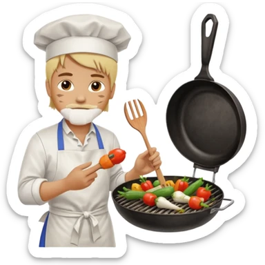 man with tied blond hair and and a white apron grilling vegetables on a sizzling grill sticker