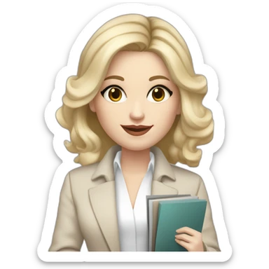 pale skin woman interior designer with cold blonde middle length hair, gray eyes, White oversize jacket, beige blouse, Gray skirt holding a color palette in the hands sticker