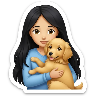 A girl with long black  hair tightly hugged a Golden Retriever sticker