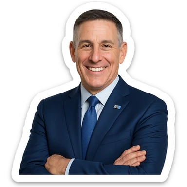 Create a highly detailed, realistic 3D illustration of the person in the reference image (Tony Petitti, Big Ten commissioner), facing forward, from the waist up, wearing a blue suit with a blue tie and no pocket square. The image should have a transparent background, not be pixelated, and have an accurate facial likeness. The style should be photorealistic, capturing fine details and realistic textures. sticker