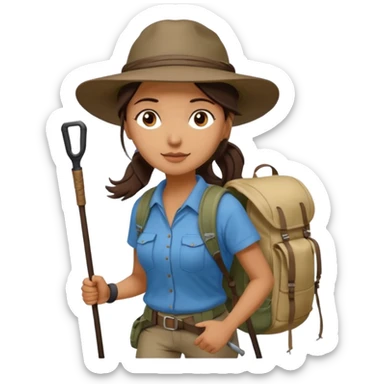 women, long dark brown hair in ponytail with wide brim hiking hat. Walking with backpack and trekking poles.  She is a pilgrim on the Camino Frances on her way to Santiago de Compostela sticker