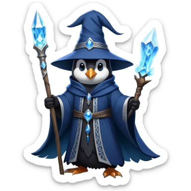 A mysterious penguin mage with sleek midnight-blue feathers, wearing a flowing black robe adorned with silver runes. A tall, pointed wizard hat sits slightly tilted on his head, the brim casting a shadow over his glowing icy-blue eyes. His flipper clutches an ancient wooden staff topped with a swirling crystal, radiating a soft, cold light. Snowflakes drift around him as he stands on a frozen cliff, his aura crackling with arcane energy, ready to summon a blizzard with a flick of his staff. sticker