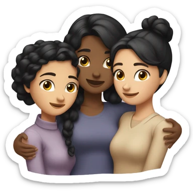 Three friends girl friends !  hugging each other warmly. One friend has fair skin and straight black hair, another has dark skin with black hair styled in a low bun, and the third has tan skin with wavy black hair.” sticker