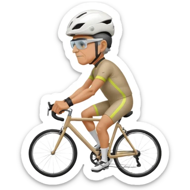 older, 60-year-old man, about 200lbs, with visor under helmet, and mirror on glasses, in cycling clothes, straddling road bike, graphic design sticker