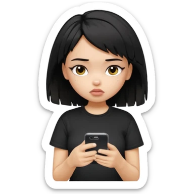 generate a pretty bratz girl with short black very messy hair, looking tired and using her phone, wearing an oversized black tshirt sticker