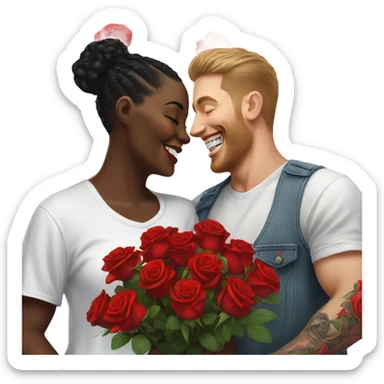 Hyper Realistic beautiful woman smells bouquet of bright red roses laughing with handsome tattooed man  sticker