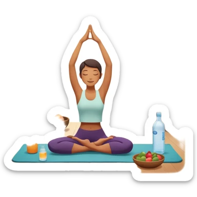 A person moves through a gentle yoga pose in the morning sun, one hand reaching up, the other near a plate of vibrant whole foods and a bottle of water. A cozy bed sits behind them, glowing softly. Nearby, a small group of friends laughs together under a tree—health, movement, nourishment, rest,  sticker