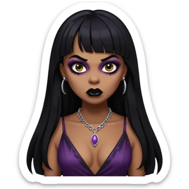 vampira gótica parda zumbi de cabelo longo e preto e franja e roupa com decote e batom preto e sobrancelha grossa sticker