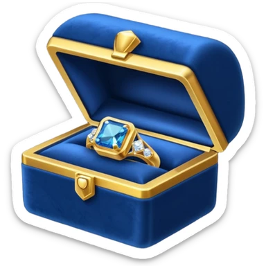 a dark blue box containing a gold ring with a diamond sticker