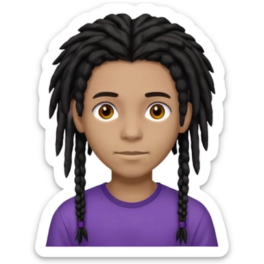 light black teen with black dreads in a middle part with brown eyes and purple shirt sticker