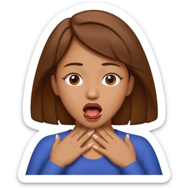the woman emoji with brown hair and tan skin choking herself out with both hands on her neck with her mouth open sticker