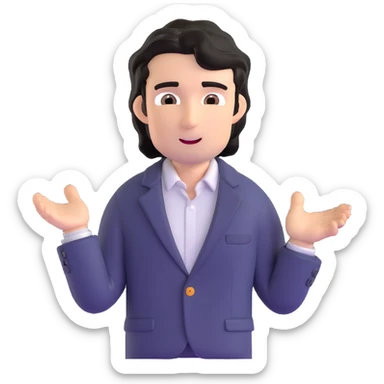 Business strategist with black wavy hair, stubble, chiseled face, wearing blazer and button-up shirt, leading a dynamic leadership workshop, engaging with a circle of participants, energetic teaching pose sticker