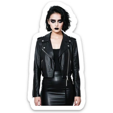 Chucky's bride in a black dress and black leather jacket, heavy dark eye makeup sticker
